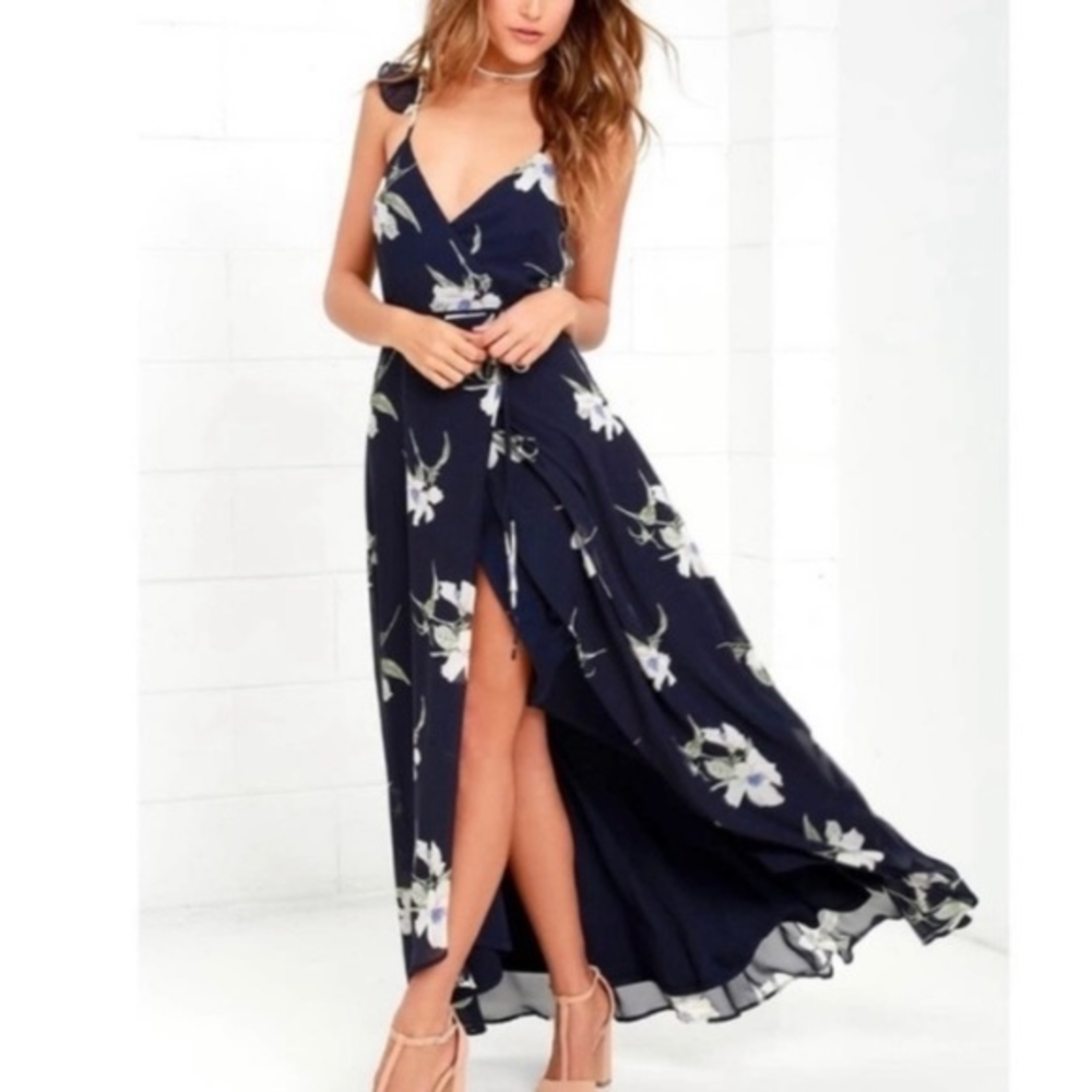 NWT Lulus All Mine Navy Blue‎ Floral Print High-Low Wrap Dress SMALL
